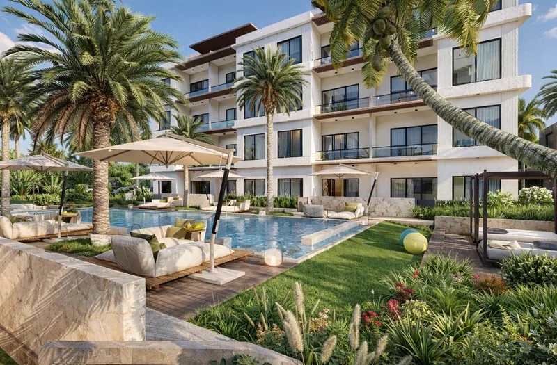Render de un edificio de apartamentos con piscina, jardines y zona de descanso