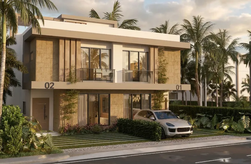 Render de townhouses modernos de dos plantas con balcones de cristal y jardín